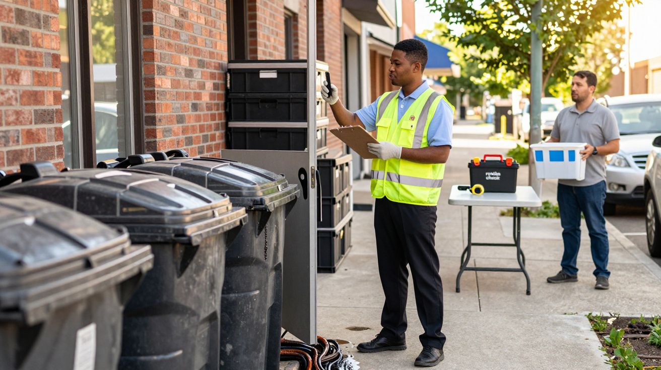 Funcionário de colete refletor verifica contentores na rua enquanto outro homem transporta uma caixa branca ao fundo.