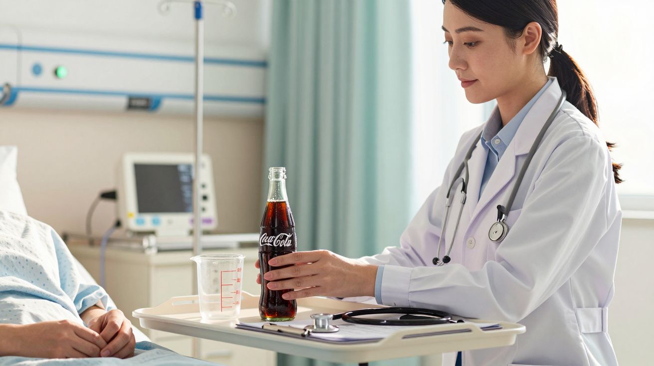 Médica ao lado de paciente hospitalar, segurando garrafa de Coca-Cola numa bandeja com copo e estetoscópio.