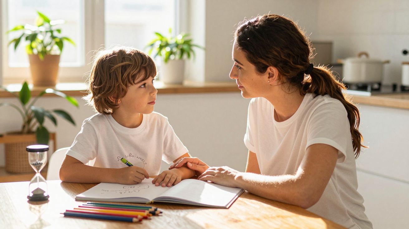 Criança e mulher a estudar na cozinha, rodeadas de lápis coloridos, com uma ampulheta sobre a mesa.