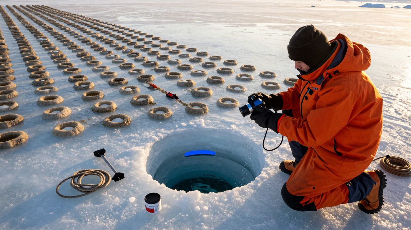 Pessoa em roupas térmicas anota dados junto a um buraco no gelo; ao fundo, fileiras de círculos de neve.