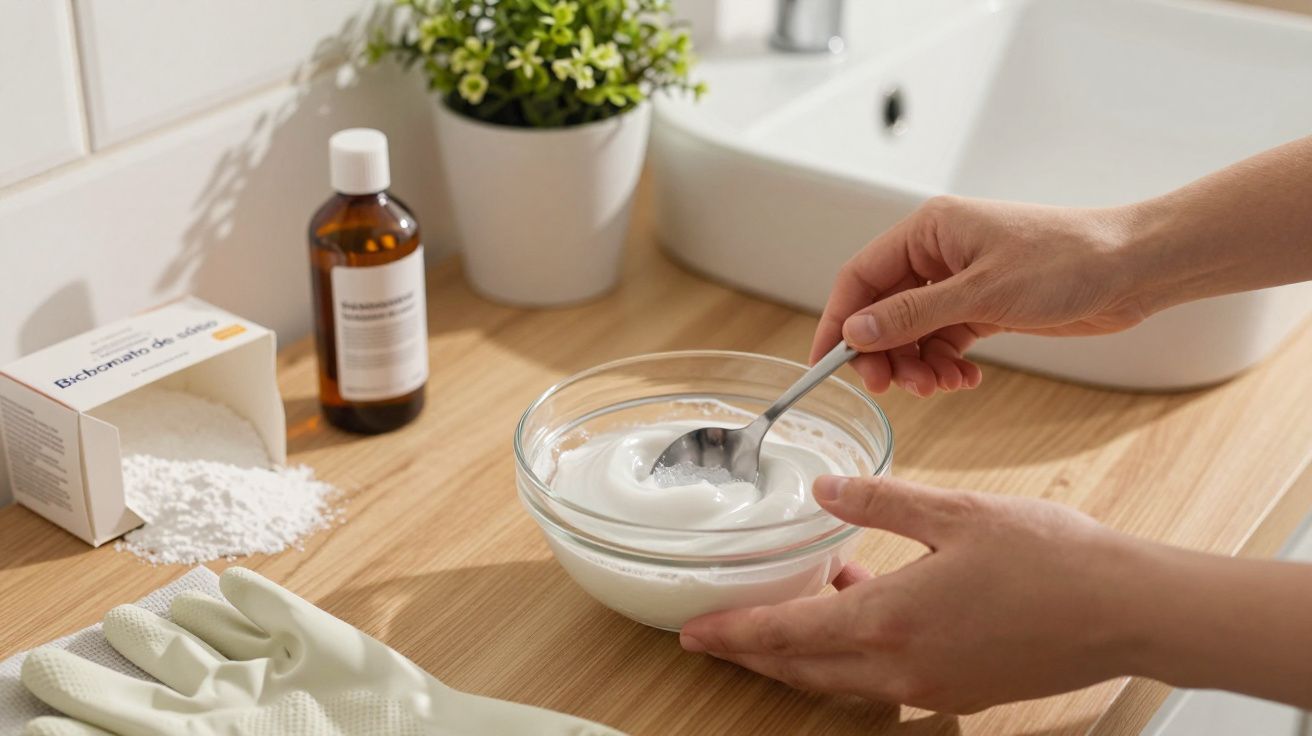 Pessoa misturando bicarbonato de sódio numa taça com utensílios de limpeza e plantas ao fundo, numa bancada de madeira.