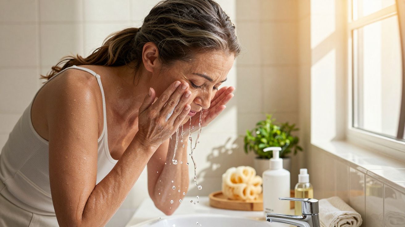 Mulher lavando o rosto no lavatório do banheiro, luz natural entra pela janela.
