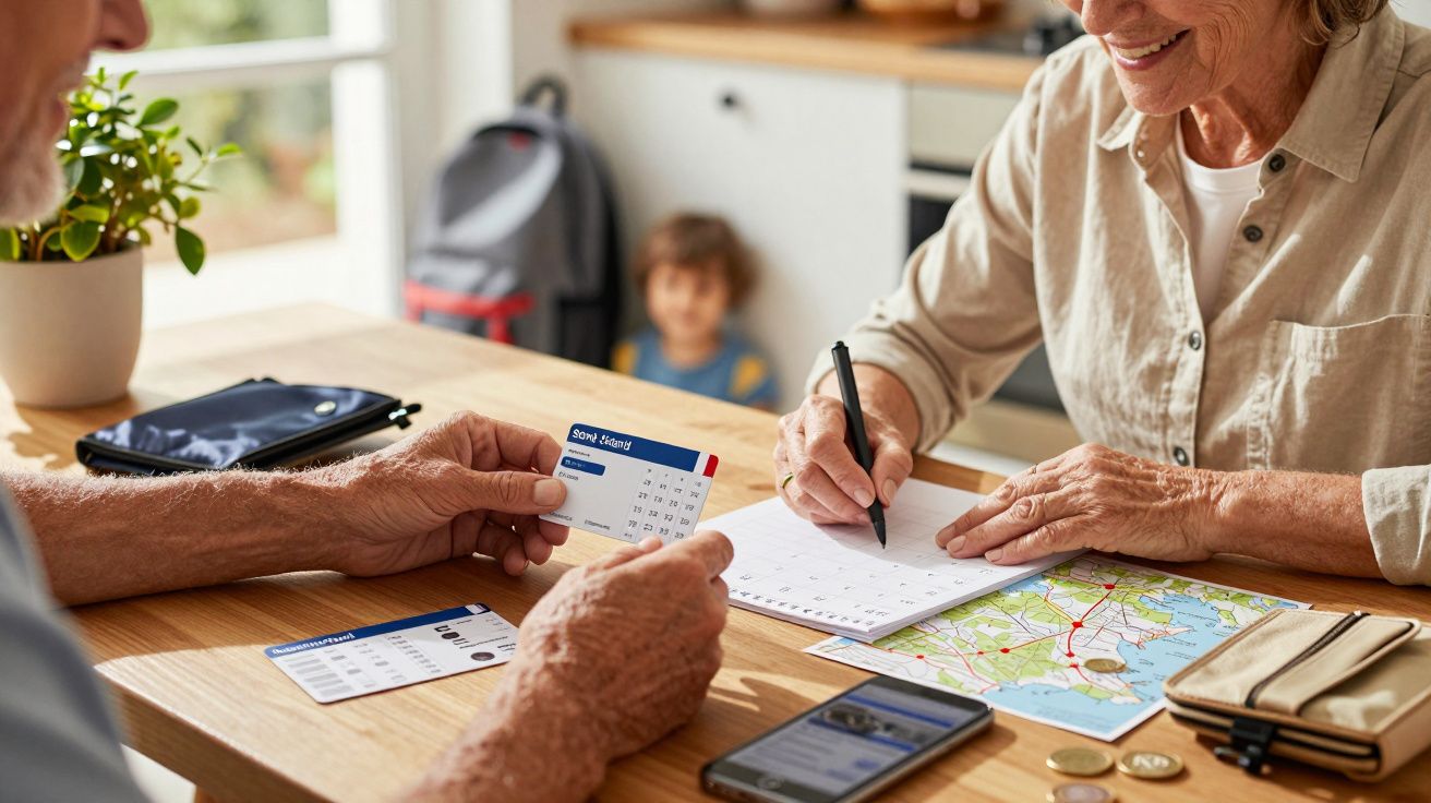 Casal planeia viagem com mapas e calendários na mesa, criança ao fundo na cozinha iluminada.