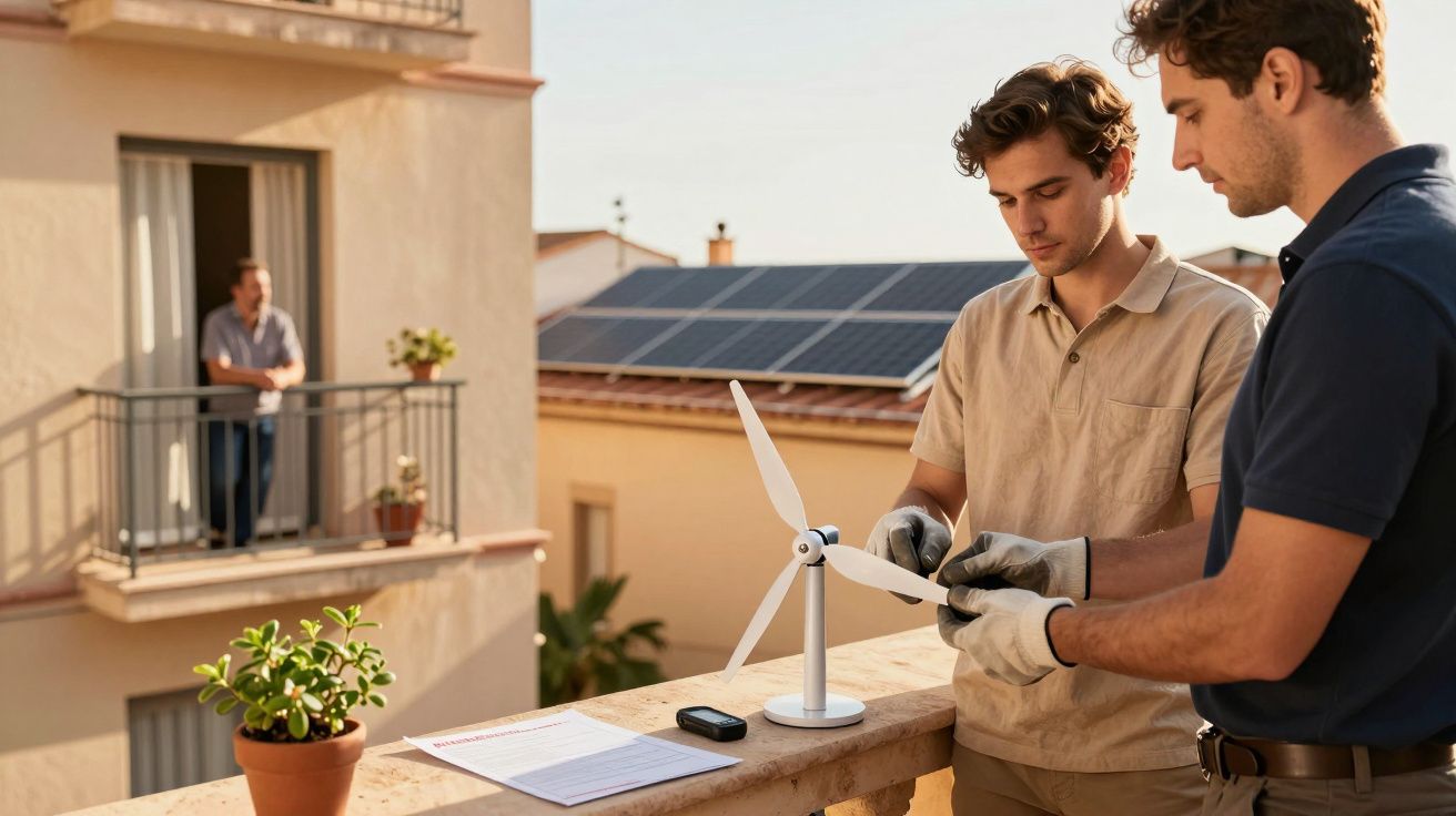 Dois homens montam modelo de turbina eólica numa varanda; painel solar no telhado ao fundo. Outro homem observa da varanda.