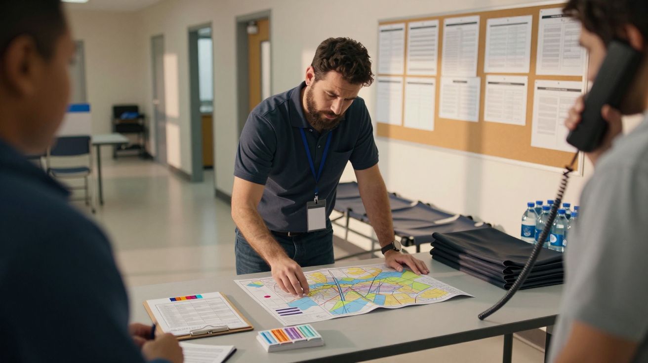 Homem analisando mapa numa mesa, falando ao telefone, rodeado por colegas em sala de conferência.