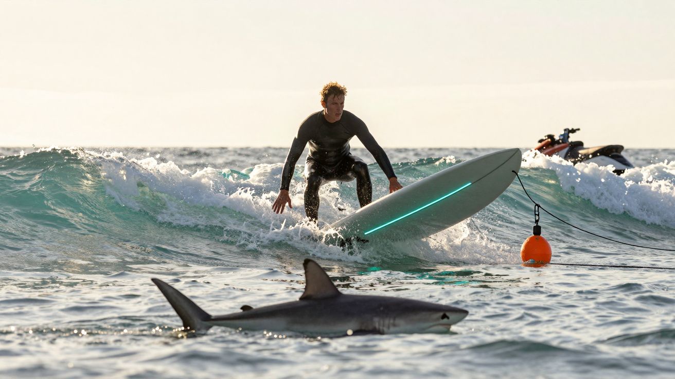 Surfista em prancha com luzes LED no mar, com tubarão à frente e mota de água ao fundo.