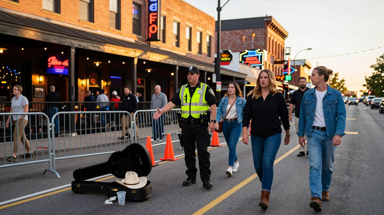 Polícia e peões numa rua movimentada, com concha de guitarra aberta no chão e pessoas a passear ao entardecer.