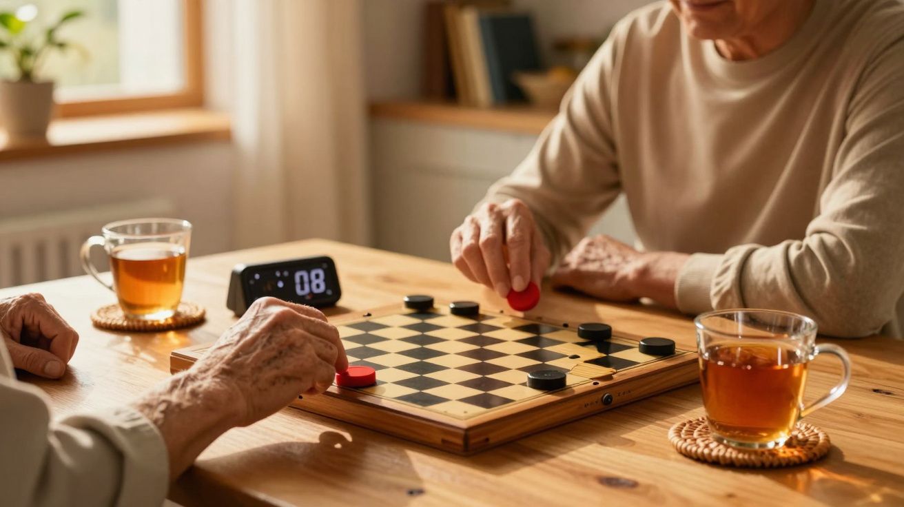 Duas pessoas jogam damas numa mesa de madeira, com chá e um relógio próximo.