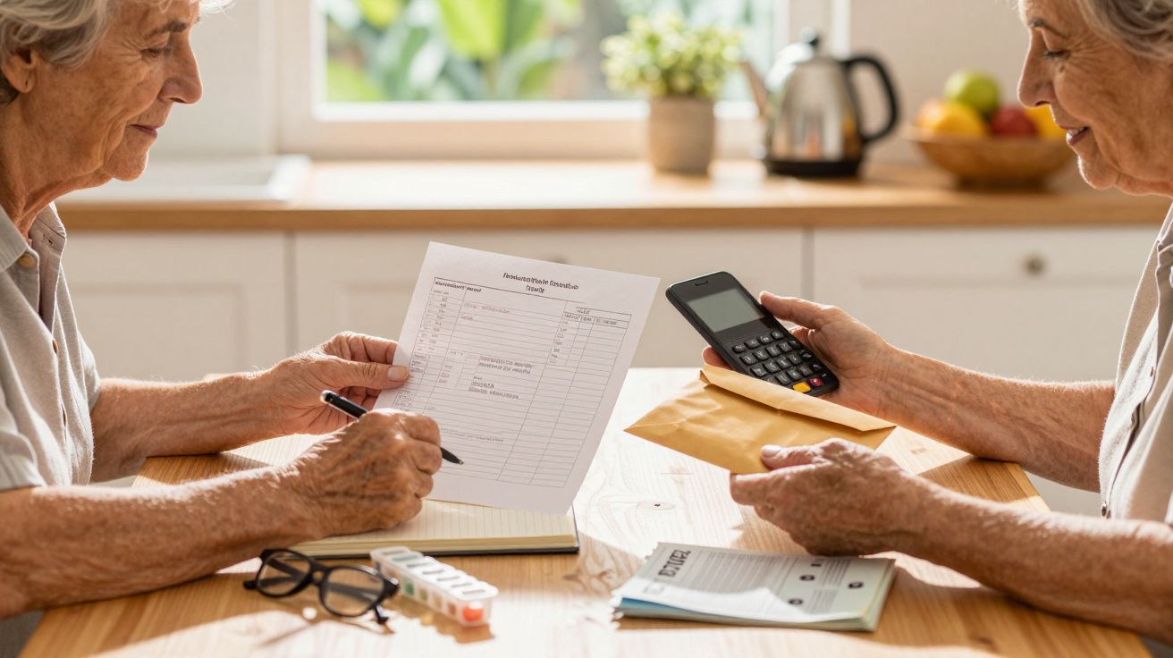 Duas mulheres idosas sentadas à mesa, a revisar documentos e a usar uma calculadora com luz natural ao fundo.
