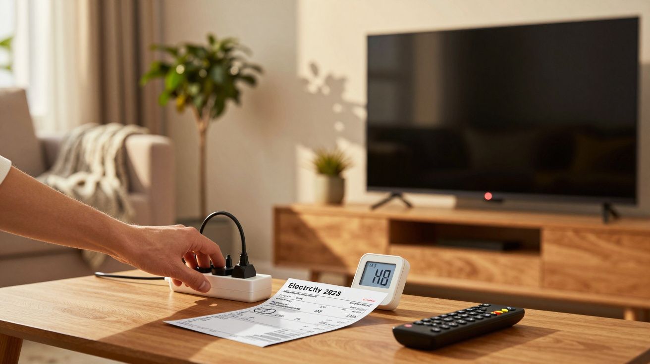 Mão ajustando tomada múltipla em sala de estar moderna com TV, fatura de eletricidade e termómetro digital sobre mesa.