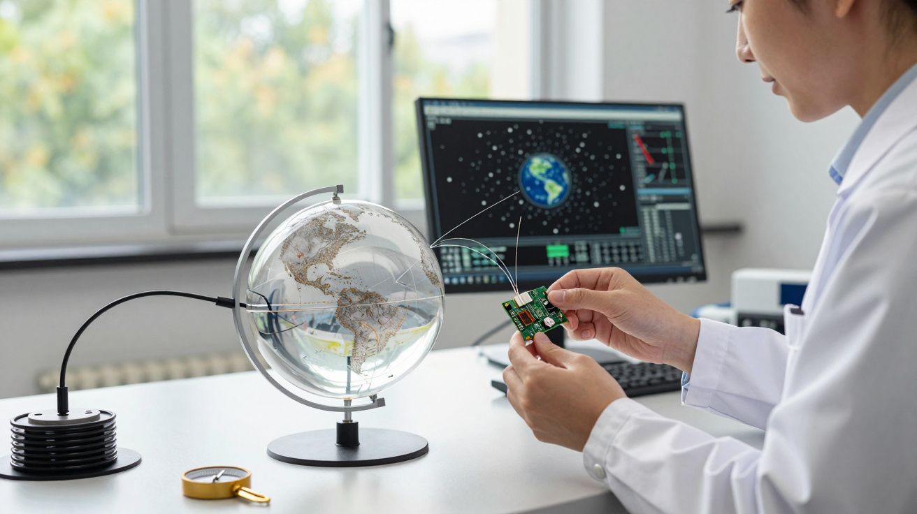 Cientista examina circuito impresso junto a globo terrestre em escritório com computador mostrando imagem do espaço.