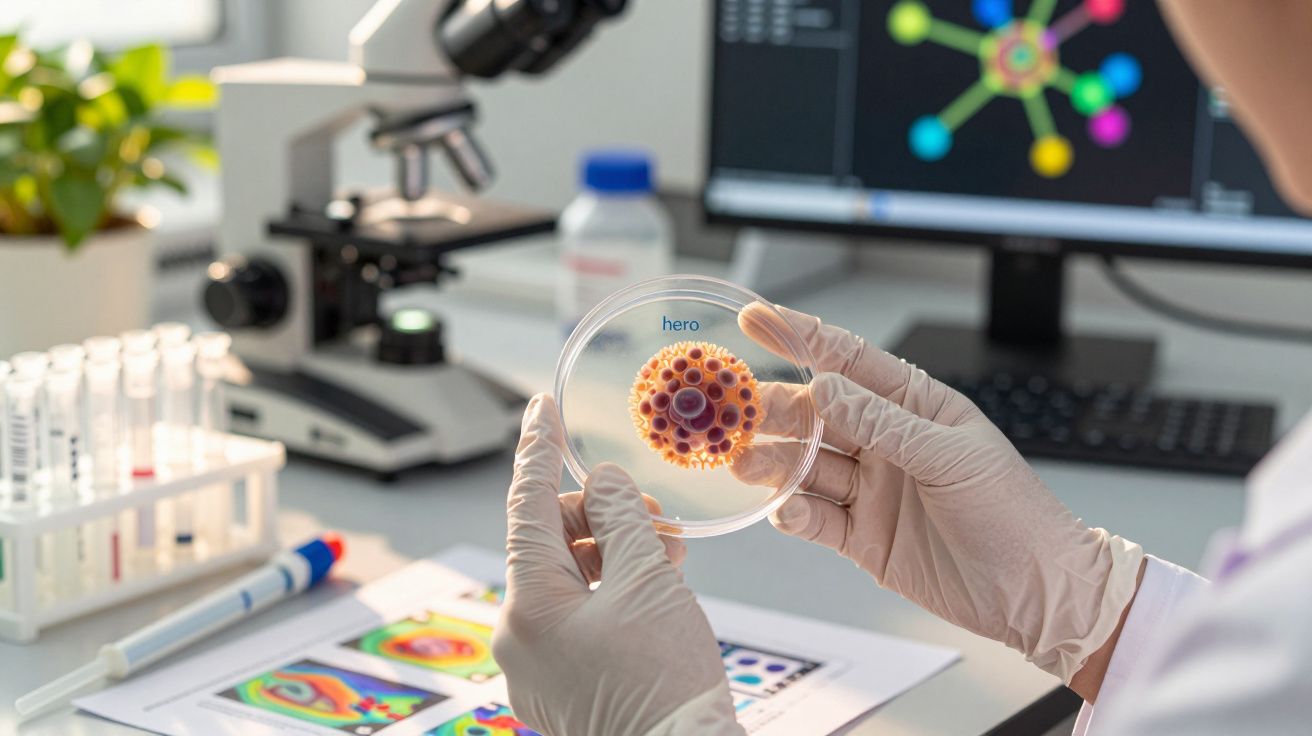 Cientista segura placa de Petri com célula, microscópio ao fundo e monitor exibindo gráficos coloridos.