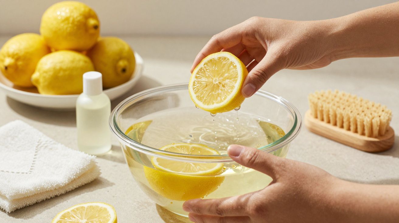 Mãos espremendo limão numa tigela de água, com limões, escova, toalha e frasco ao fundo.