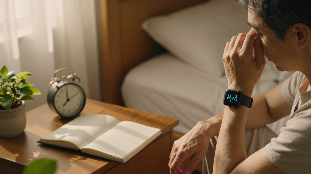 Homem sentado na cama, com smart watch no pulso, olhando para um caderno e um despertador numa mesa ao lado.