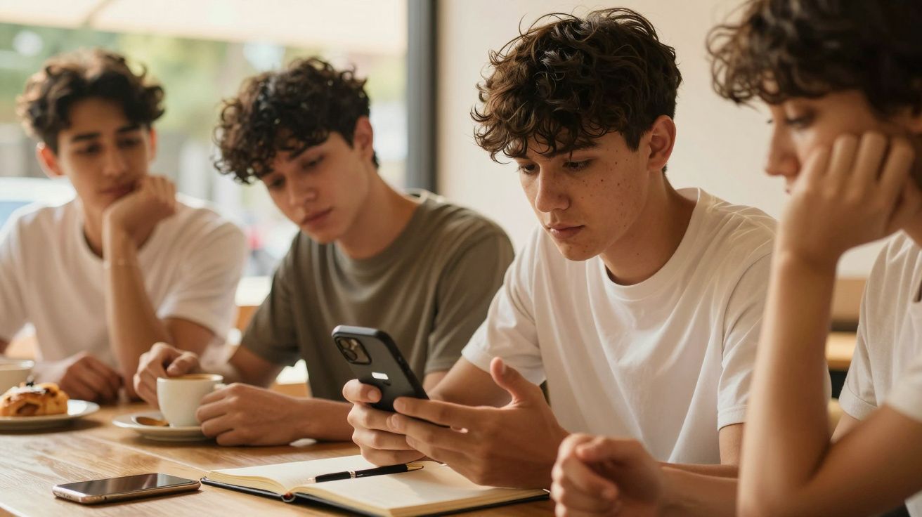 Quatro jovens sentados à mesa de café, olhando para um telemóvel. Um caderno e café estão sobre a mesa.