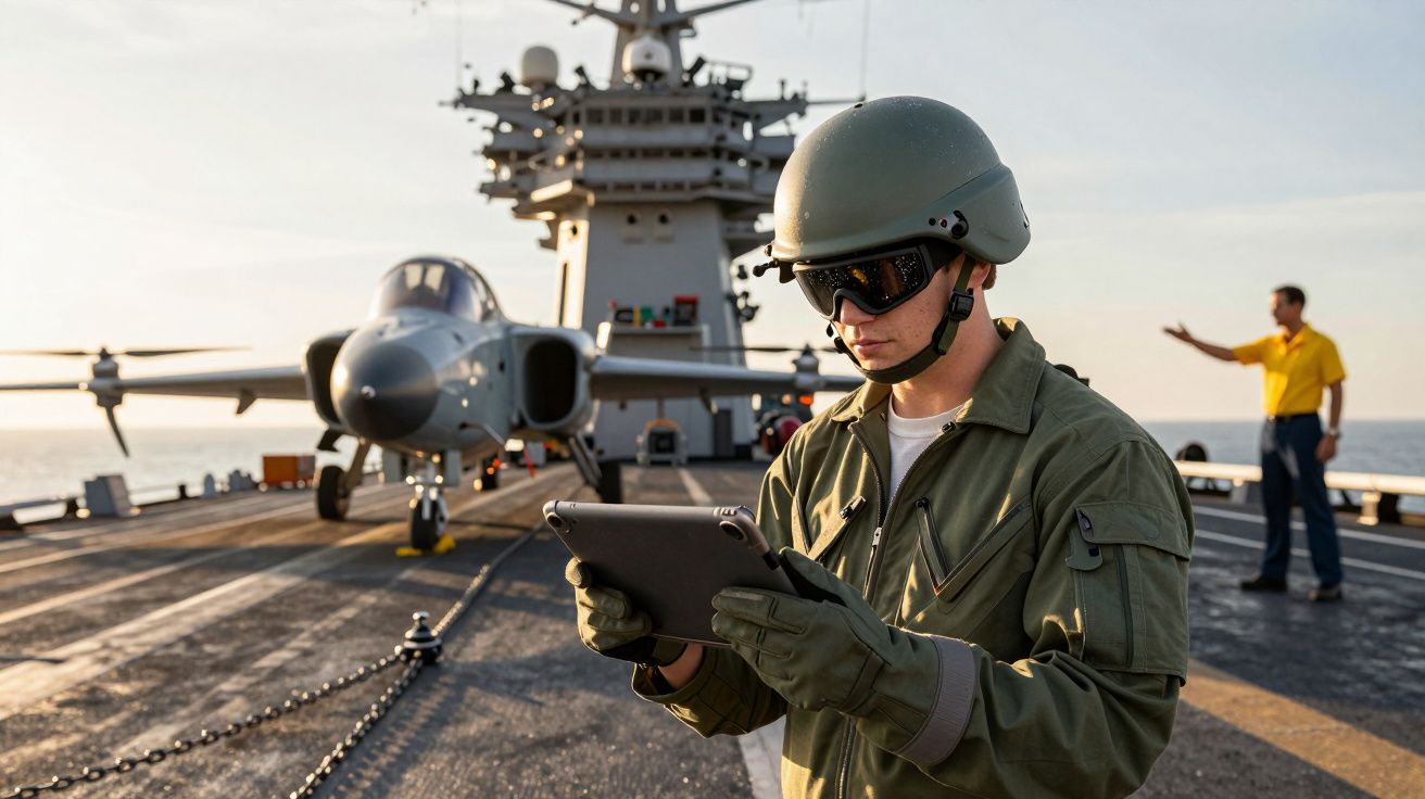 Militar com tablet na mão num porta-aviões, com avião ao fundo e outra pessoa em segundo plano.