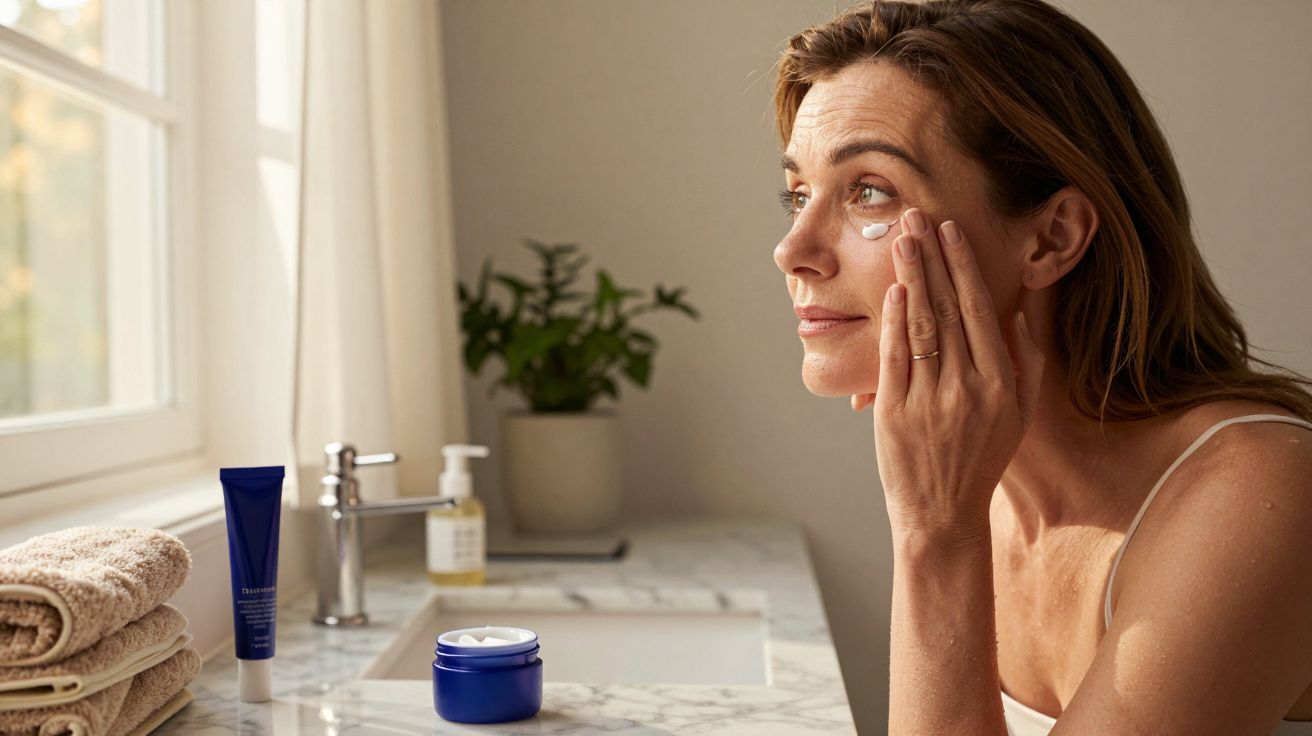 Mulher aplica creme facial ao espelho numa casa de banho iluminada, ao lado de toalhas.