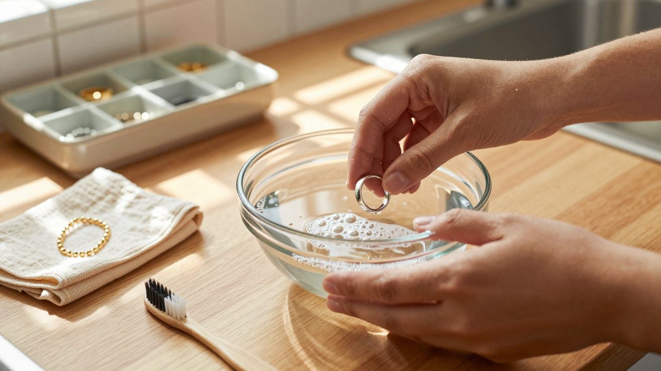 Mãos limpam um anel numa tigela com água e sabão, sobre um balcão de madeira. Próximo, uma escova e um pano.