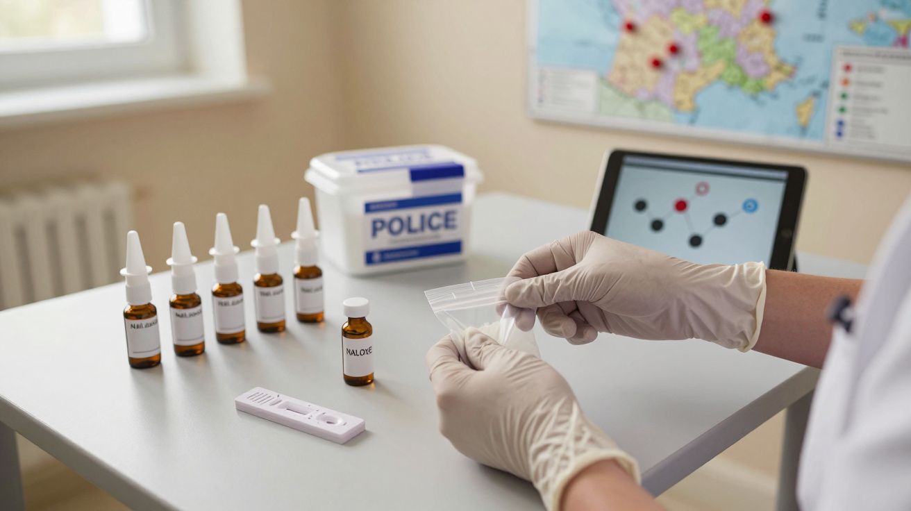 Pessoa com luvas manuseia saco plástico. Frascos em fila e teste rápido numa mesa. Tablet ao fundo mostra mapa.