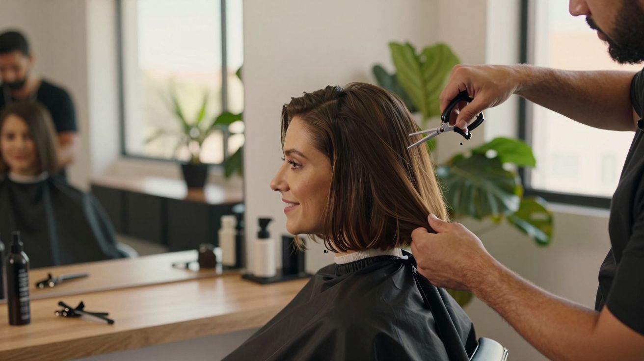Mulher sorridente recebe corte de cabelo em salão moderno, refletida no espelho, com planta ao fundo.