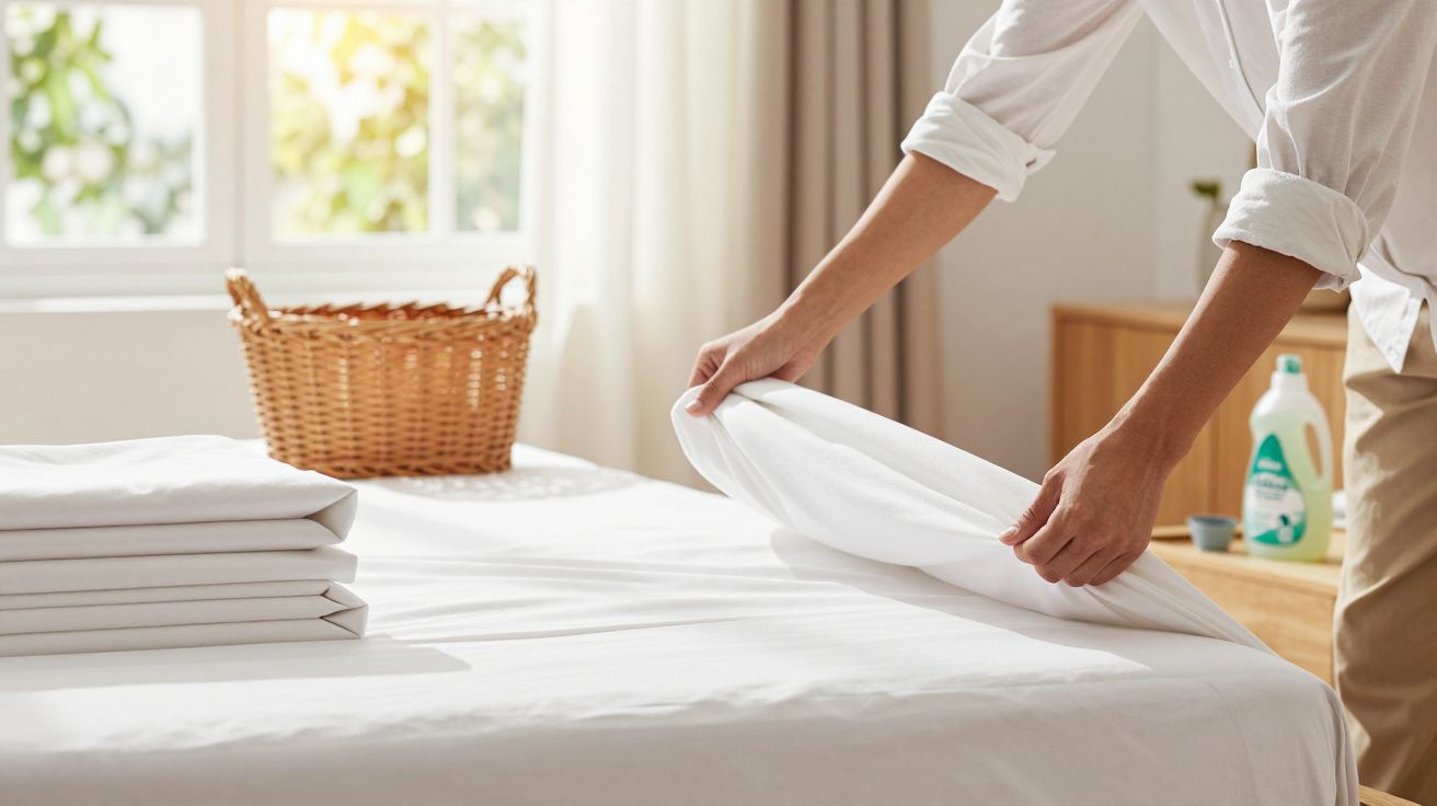 Pessoa a fazer uma cama com lençóis brancos; janela ao fundo e cesto de roupa.