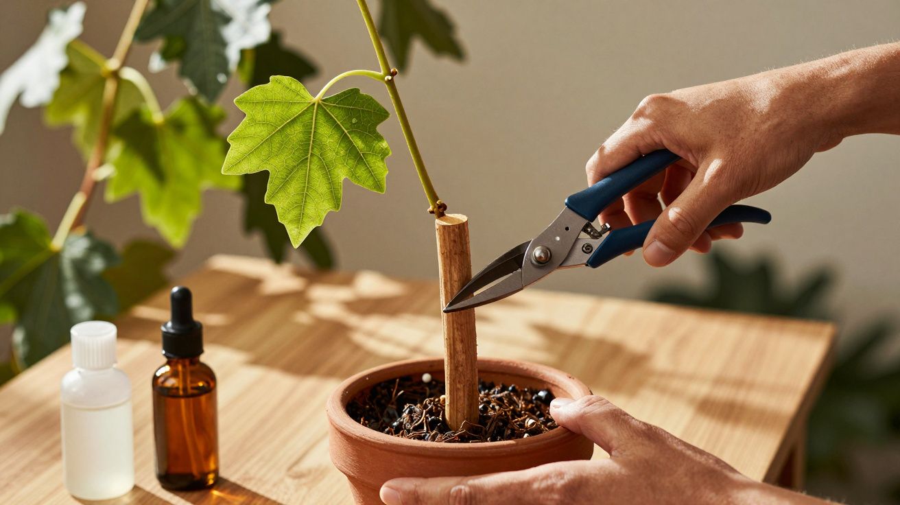 Mãos podam ramo de planta em vaso de barro sobre uma mesa de madeira com frascos pequenos ao lado.