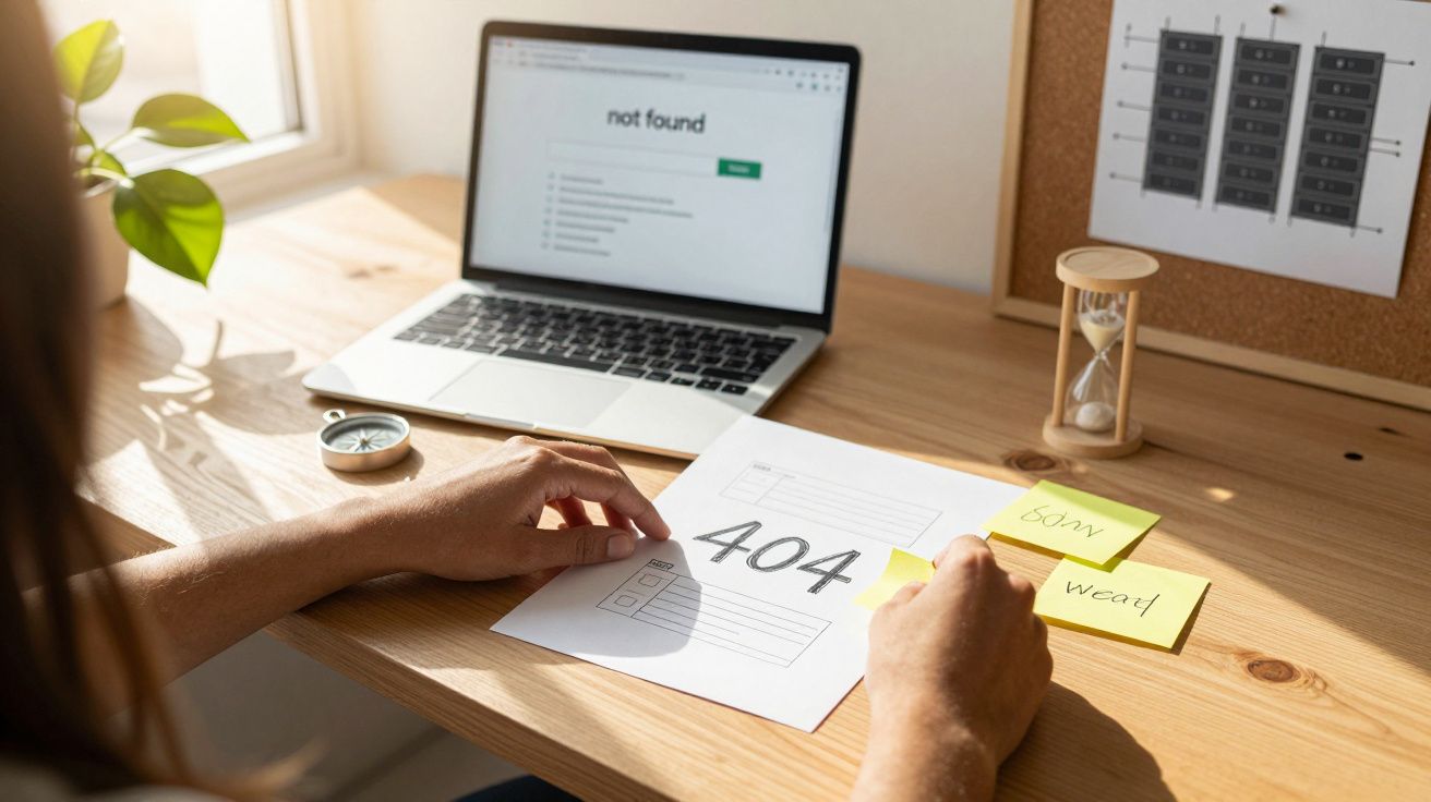 Pessoa com papel 404 na mão, laptop ao fundo exibindo erro "not found", ambiente de escritório iluminado pelo sol.