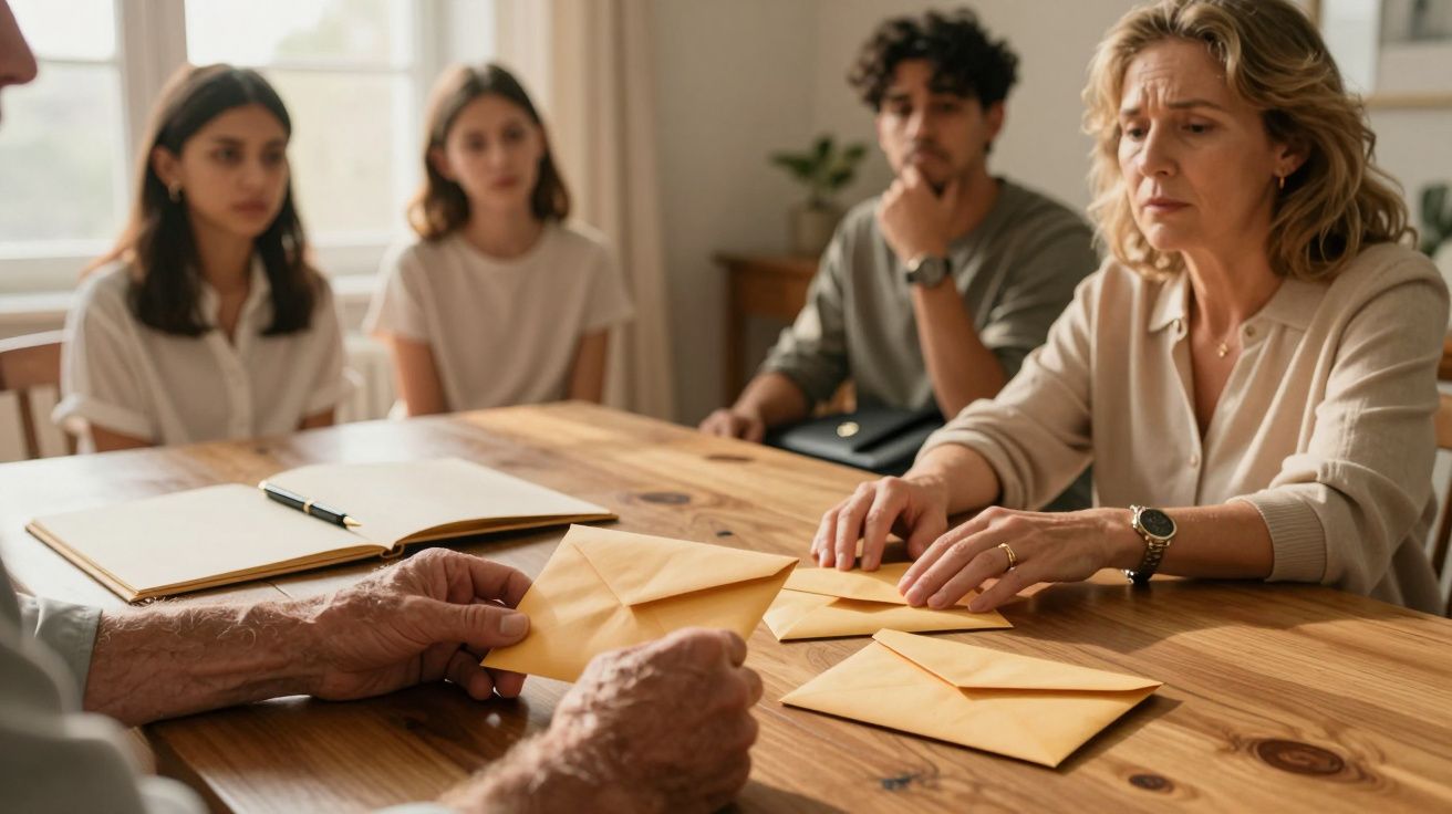 Grupo de pessoas à mesa com envelopes; mulher loira pega um envelope.