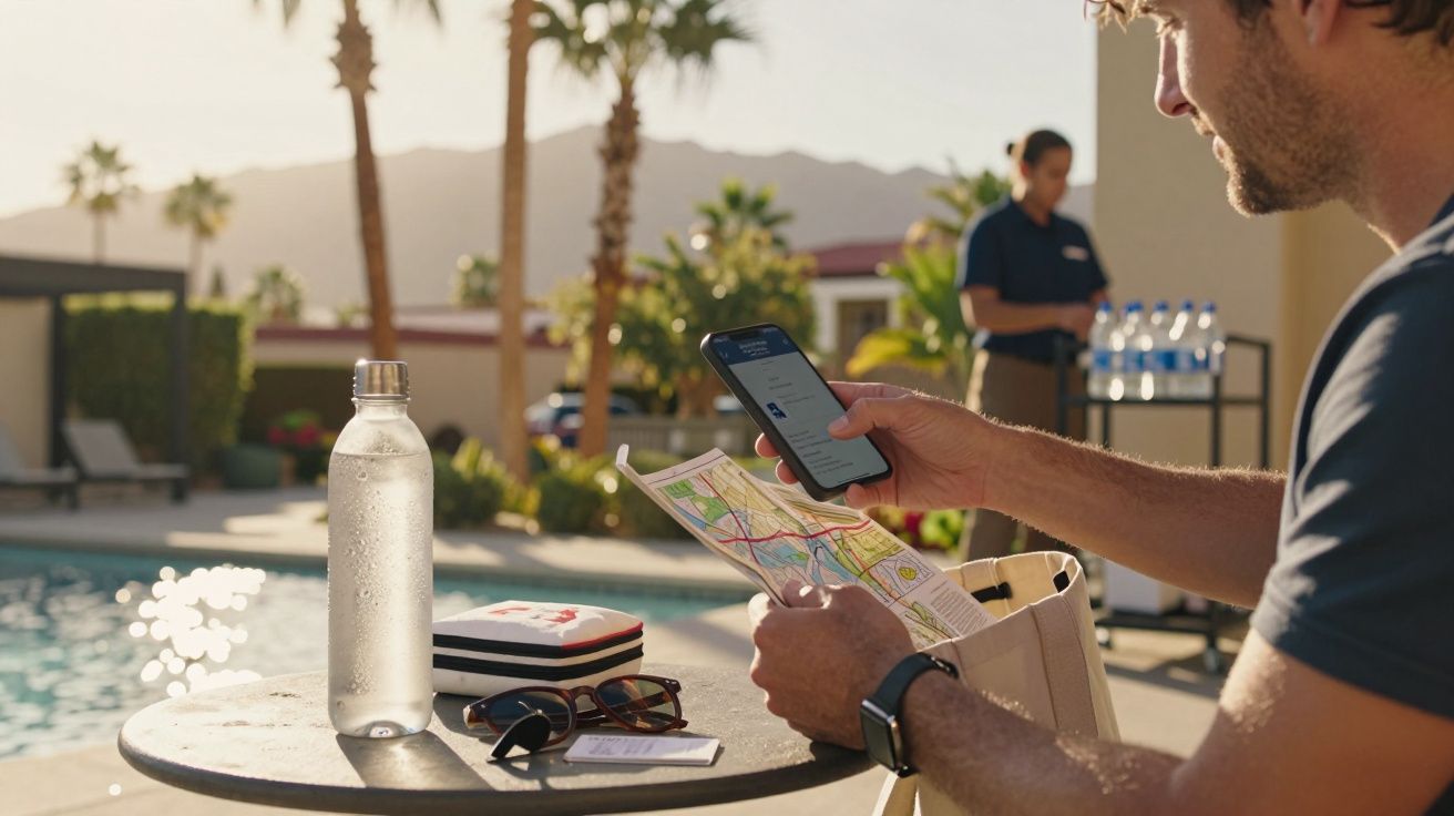 Homem sentado junto a uma piscina, segurando telemóvel e mapa. Garrafa de água e óculos de sol na mesa ao sol.