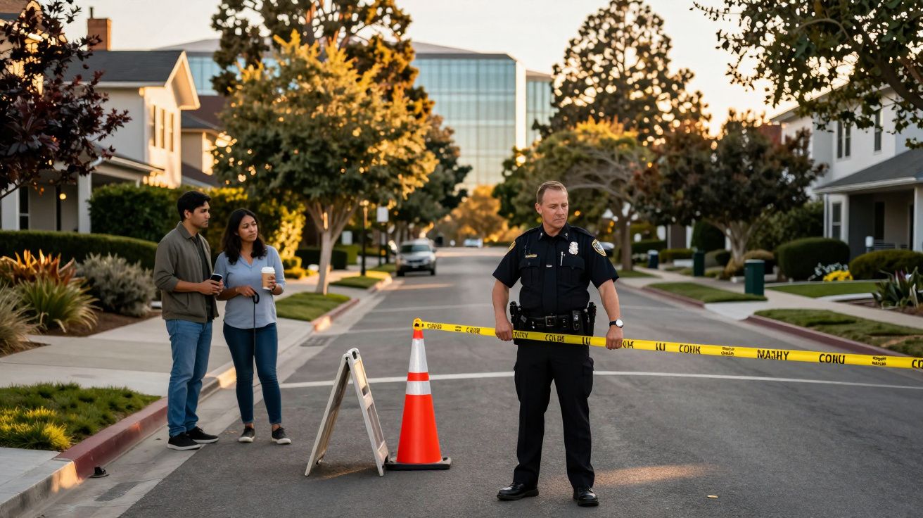 Polícia bloqueia rua com fita amarela; casal de pessoas observa ao fundo.