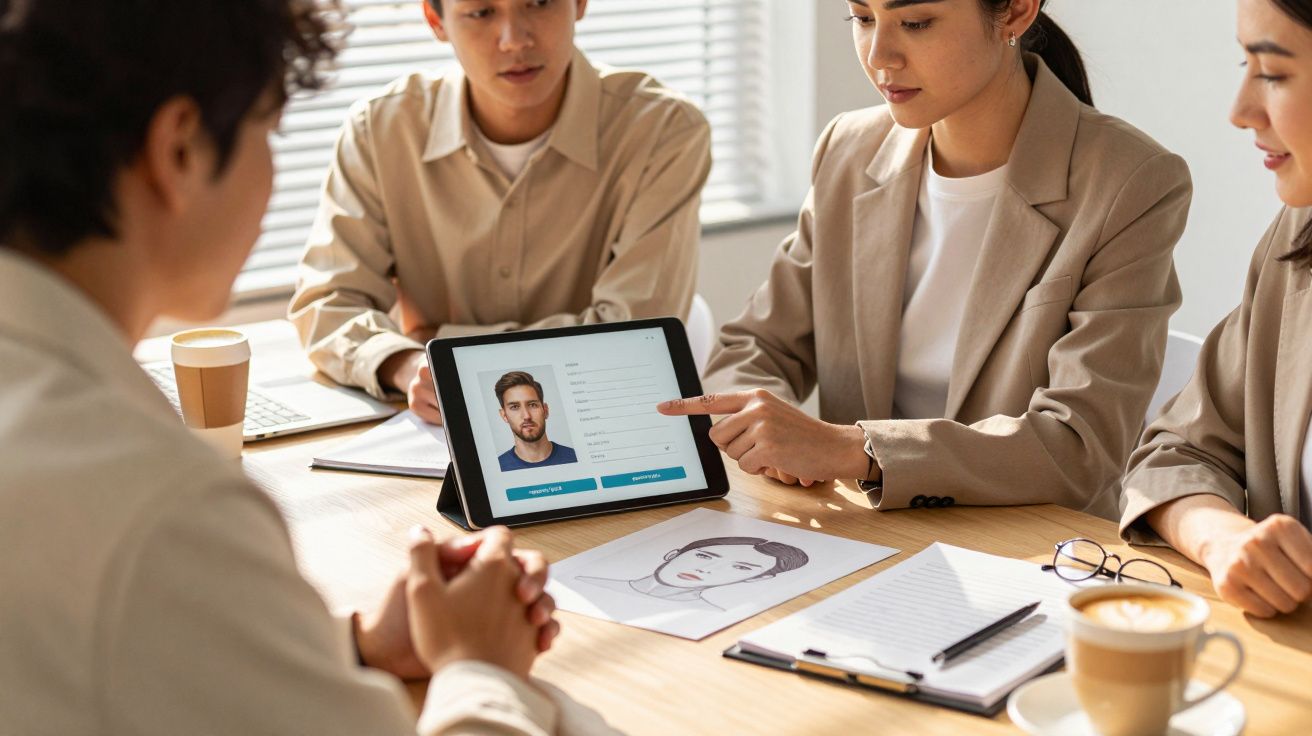 Grupo de pessoas numa reunião, uma mulher aponta para um tablet com perfil de candidato, mesa com chávenas e documentos.
