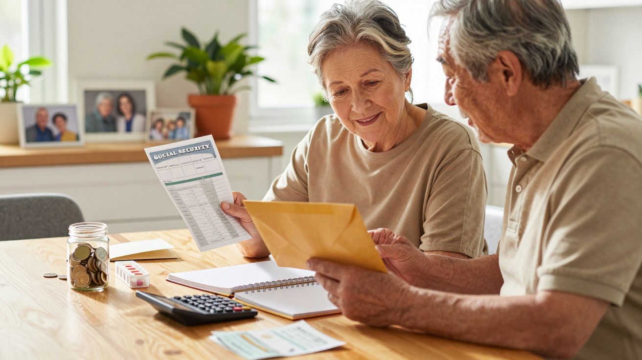 Casal idoso revendo documentos de segurança social na mesa, com moedas, calculadora e fotos no fundo.