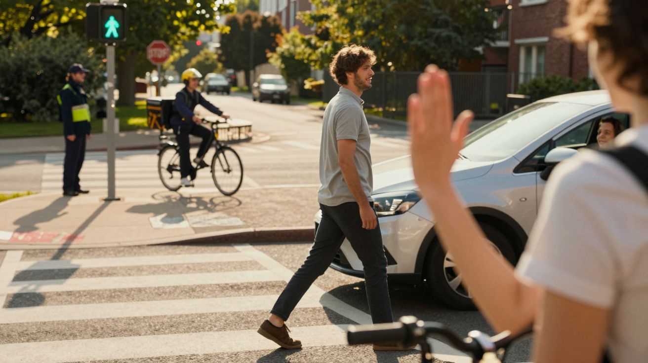 Homem atravessa passadeira com luz verde; ciclista e agente de trânsito ao fundo, carro parado à espera.
