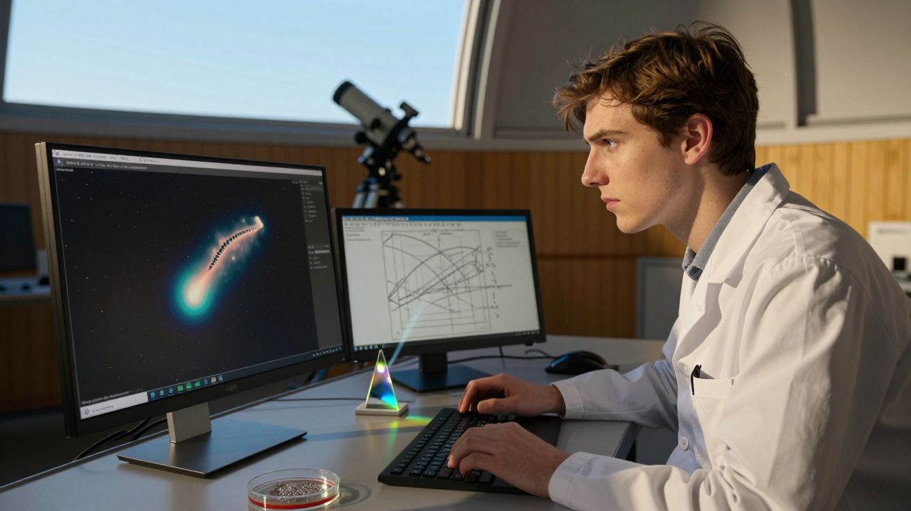 Cientista trabalha num observatório, analisando imagens espaciais e gráficos num computador.