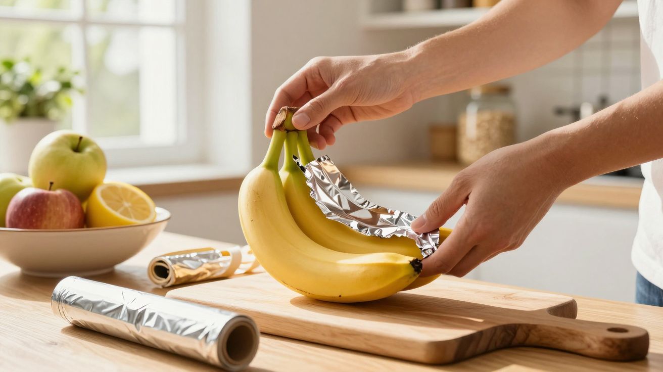 Pessoa a embrulhar bananas com folha de alumínio numa cozinha iluminada.