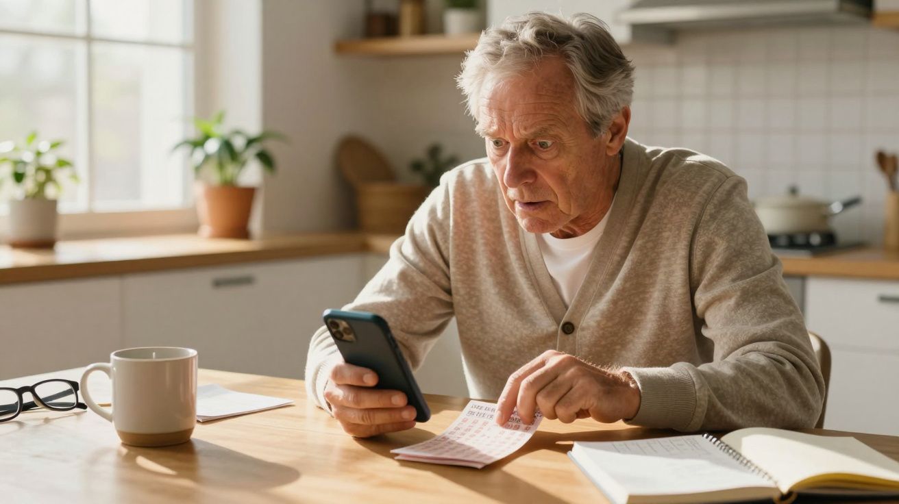 Idoso olha para o telemóvel enquanto segura um bloco de notas numa cozinha com luz natural.