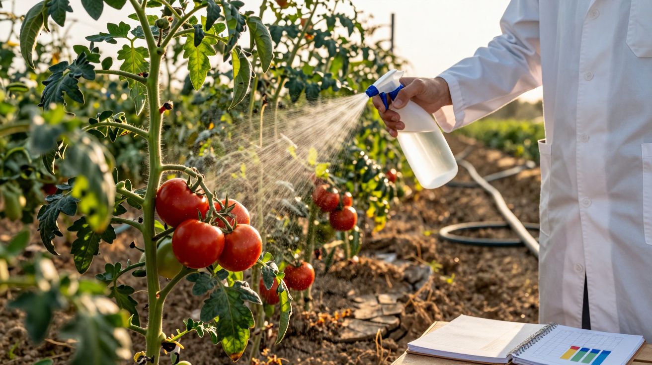Pessoa em bata branca pulveriza tomateiros com água num campo agrícola ensolarado. Caderno aberto sobre a terra.