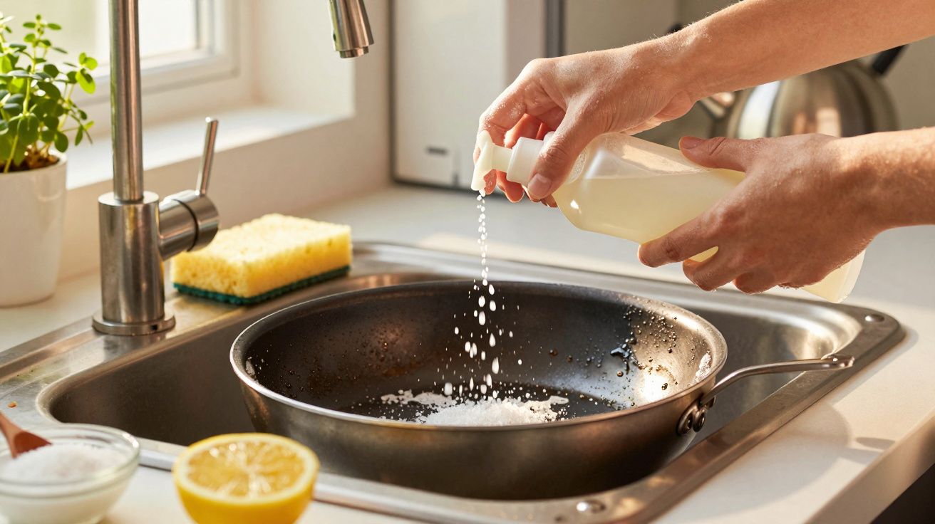 Mãos a aplicar detergente numa frigideira na pia da cozinha, com esponja e planta ao fundo.