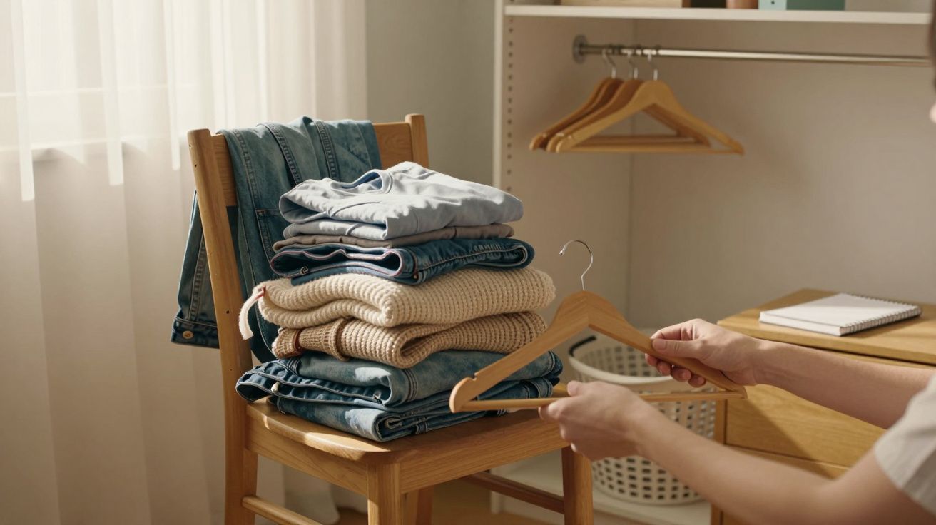 Roupas dobradas numa cadeira, mãos seguram um cabide, quarto iluminado com roupeiro ao fundo.