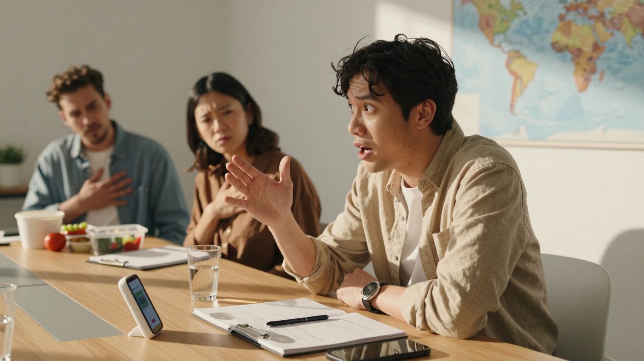 Reunião em sala com equipa diversa; homem falando gesticulando, mapa na parede.