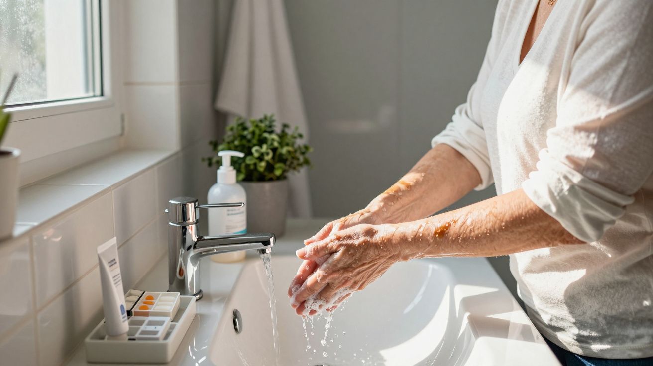 Pessoa a lavar as mãos numa casa de banho iluminada, com sabonete ao lado da torneira.