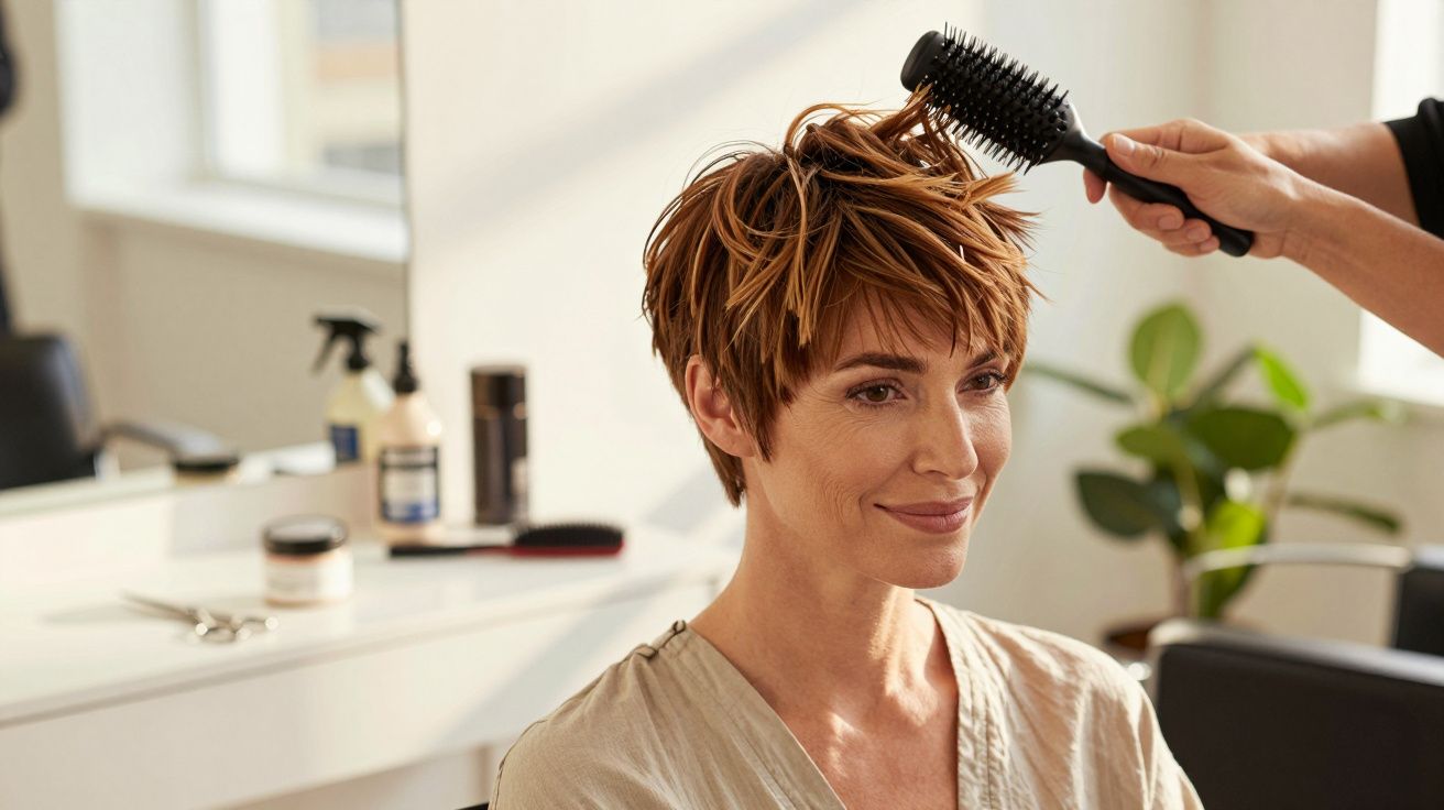 Mulher com cabelo curto é penteada em salão de cabeleireiro, com escova estilizada atrás do cabelo.