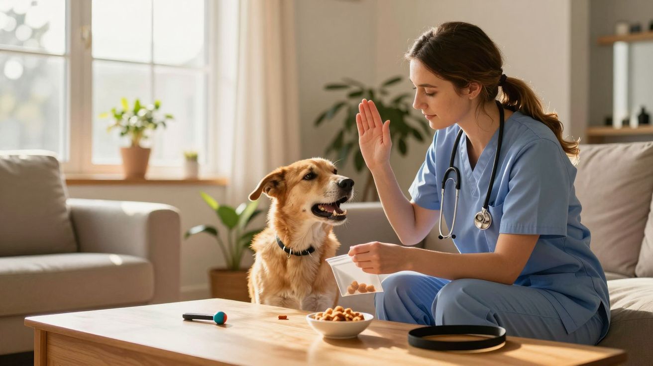Mulher veterinária a treinar um cão na sala de estar, oferecendo guloseimas enquanto levanta a mão.