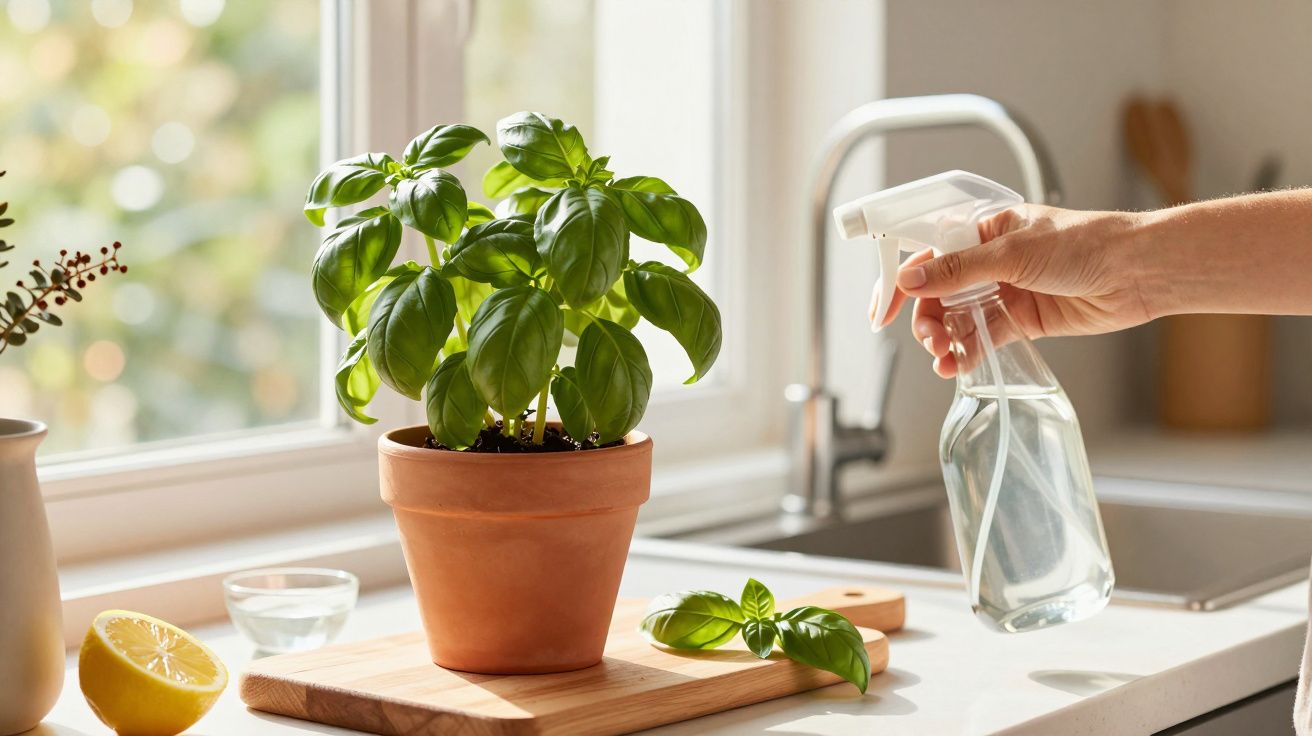 Mão a borrifar água num vaso de manjericão junto da janela, com limão e copo de água ao lado.