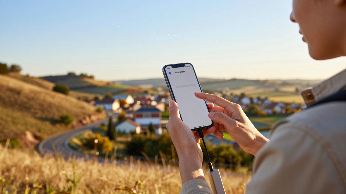 Pessoa usando smartphone ao ar livre com aldeia e campos ao fundo.