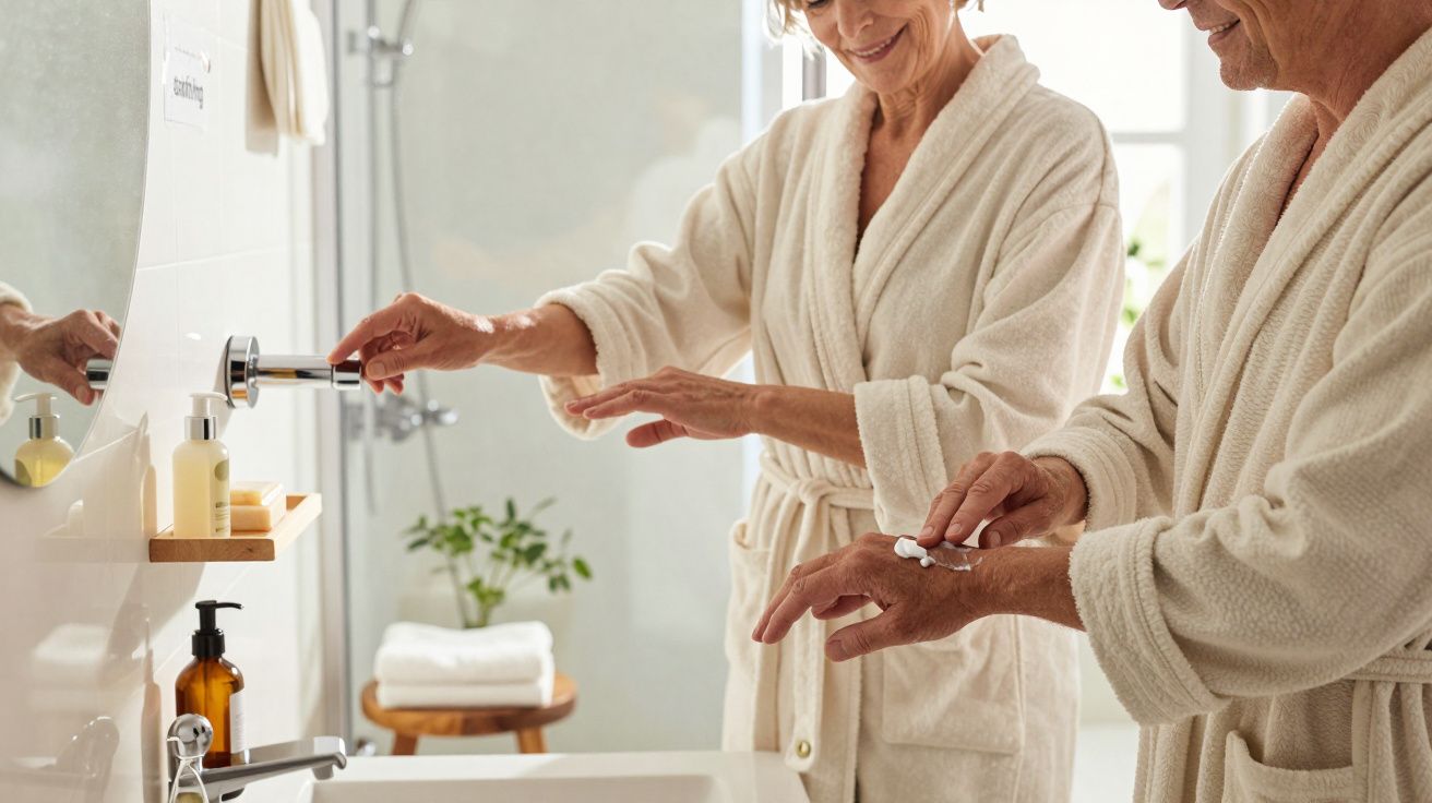 Casal maduro a aplicar creme nas mãos em casa de banho, ambos de roupão branco.
