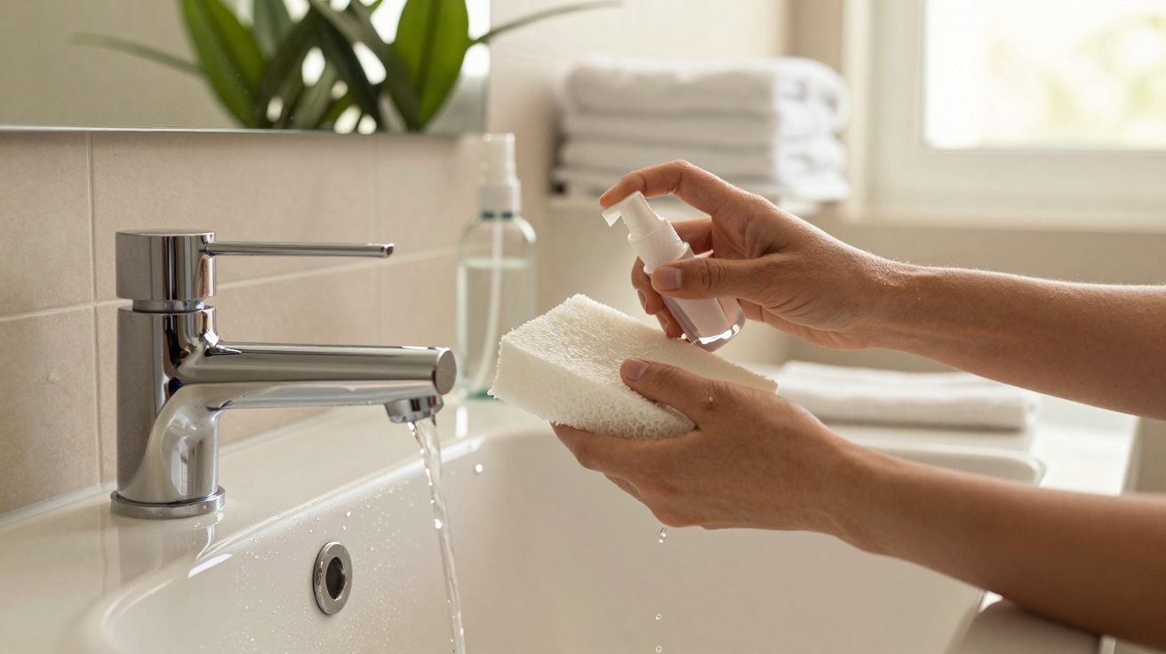 Mãos aplicam sabão líquido numa esponja sob água a correr numa casa de banho.