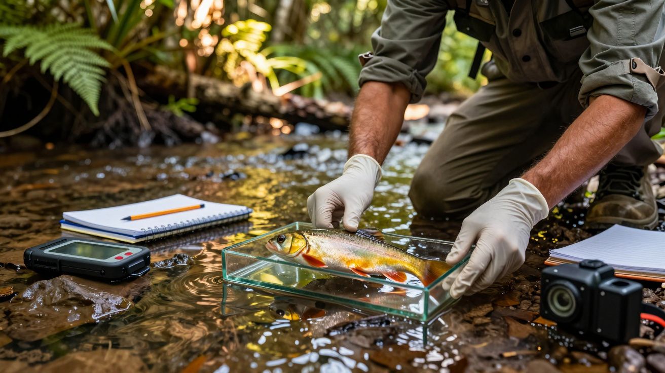 Pessoa analisando peixe num riacho, com blocos de notas e câmera ao lado.