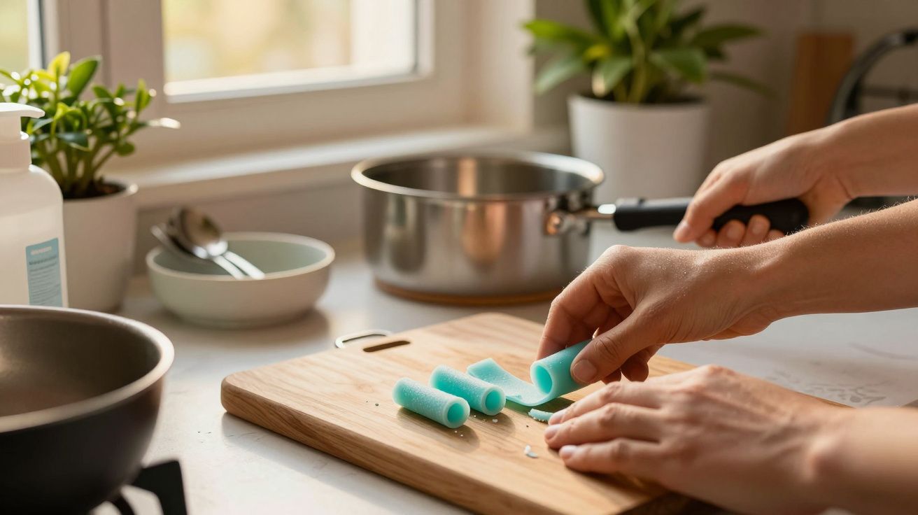 Mãos a cortar comida numa tábua na cozinha, com panelas e plantas ao fundo.