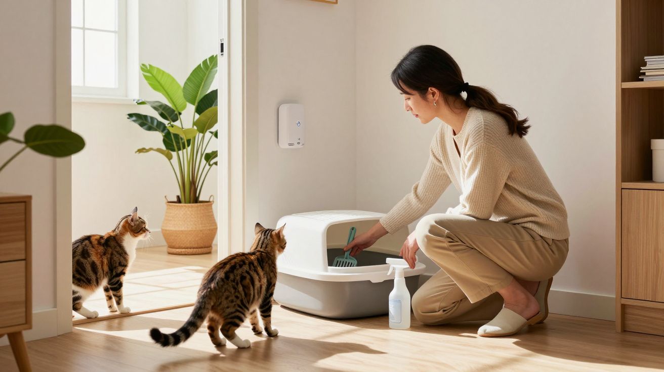 Mulher limpa caixa de areia num quarto claro enquanto dois gatos observam.